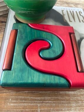 Vintage Puzzle Box - Red and Teal Swirl Design